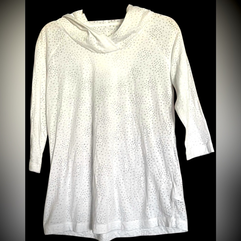 COLUMBIA Crisp White Speckled 3/4 Sleeve, Pullover Hoodie Top, Size Medium, EUC.